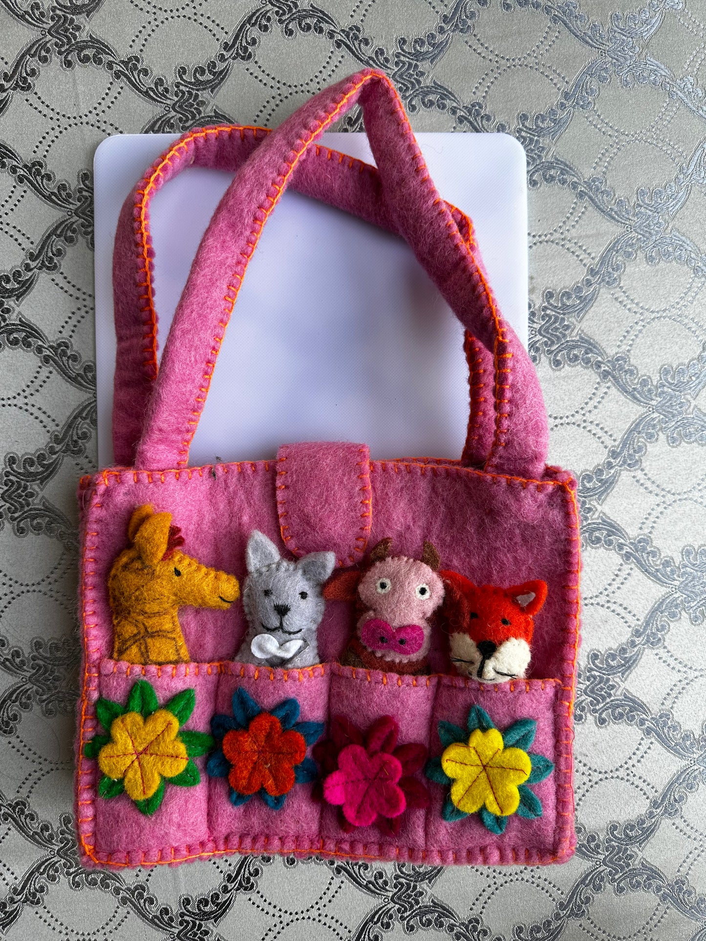 Felt Play Bag & 4 Little Hand Knitted Finger Puppets Fab Gift Cute Handmade